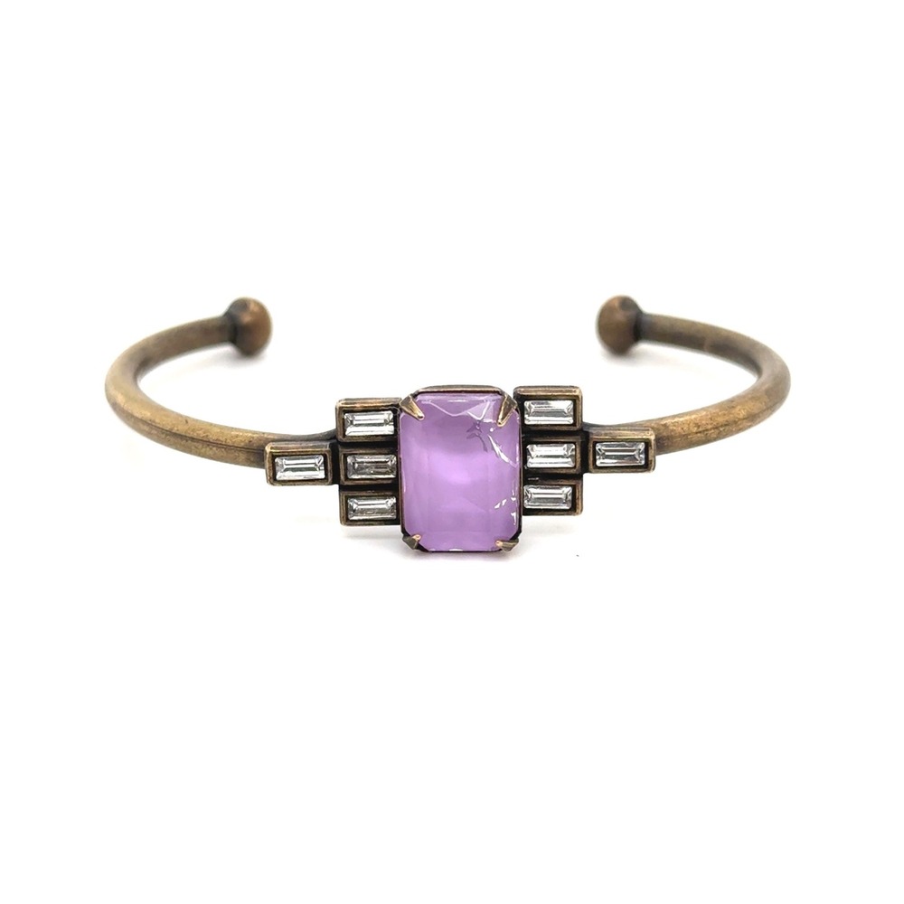 Loren Hope Purple Emerald Cut Crystal Art Deco Cuff Bracelet Gold Tone Brass
